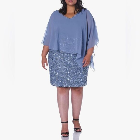 J Kara Dusty Blue Beaded Cocktail Dress Sheer Cape Overlay V-Neck Size 18 NWT - Picture 8 of 16
